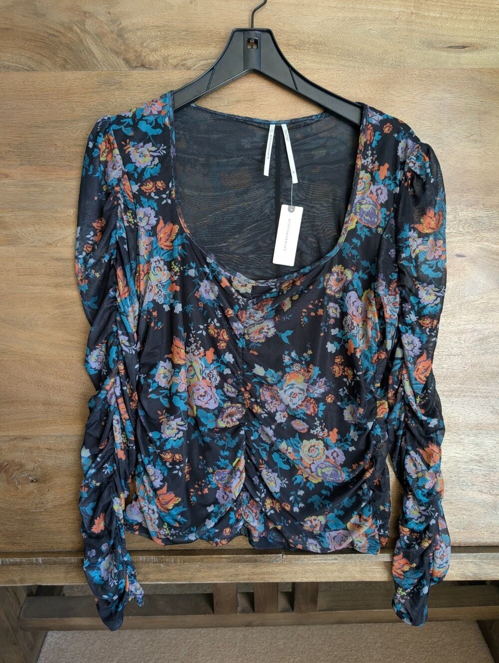 NWT Anthropologie Ruched Mesh Top Womens XL Multi Floral Long Sleeve Square Neck